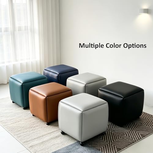 Image of 5 in 1 Nesting Ottoman Cube Chair, Stackable Stools, Leather Square Ottoman Bench, Foot Stool with Wheels for Living Room,Dining Room 15.75x15.75x16.54 inches