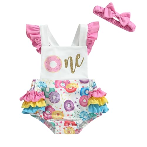 Baby Girl Birthday Romper Ruffle Sleeve Letter One Print Ice Cream/Donut Bodysuit with Tutu Skirt Cake Smash Sunsuit