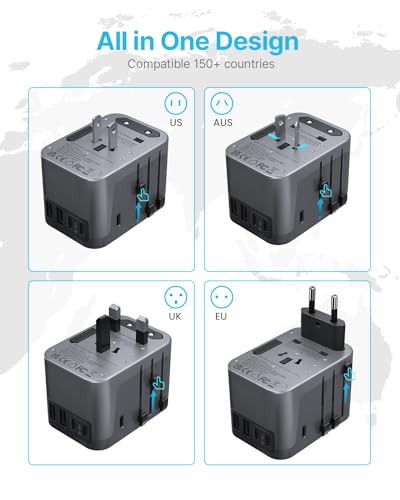 Image of Universal Travel Adapter, VINTAR International Power Adapter with 6A 3 USB C and 2 USB Ports, All in One Travel Essentials Plug Adapter, Worldwide Outlet Converter for Europe UK USA AUS(Type C /G /A /I)