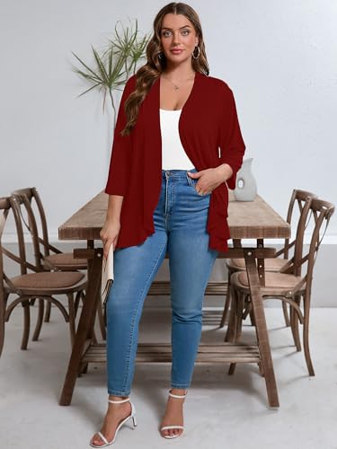 Image of AusLook Women's Plus Size Lightweight Open Front Cardigan 3 /4 Sleeve Cover Ups Shrugs Shawls and Wraps Kimono Jacket Coat