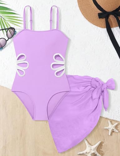 Girls Swimsuit, Adjustable Straps Cut Out One Piece Bathing Suit with Solid Color Cover Up Skirt Girls' Swimwear4