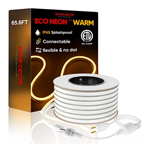 Shine Decor Led Neon Rope Lights Connectable, 65.6Ft Flexible Ac 110V 120V Neon Led Strip Lights(Warm White) Outdoor Waterproof, 20M Etl Plug&Play Neon Strings Lighting 120Leds/M For Home Commercial #TOP27