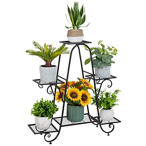 unho 6-Tier Plant Stand Iron: Black Flower Pot Display Shelf Holder Indoor Outdoor Metal Planter Storage Rack for Patio Balcony Yard Home Garden Decor Cover