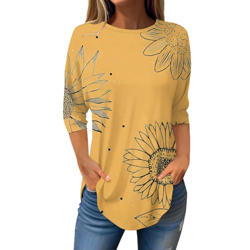Camisetas estampadas para mujer, de manga tres cuartos, cuello redondo, con estampado floral, para primavera, otoño, ligeras, suaves, para la piel de tus amigos, amarillo (5#Yellow), 3XL