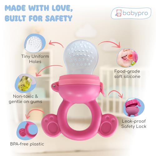 Image of BabyPro Silicone Fruit & Food Nibbler with Extra Mesh & Tiny Holes, Pack of 1 | Pacifier Feeder Teething Relief BPA Free Leak-Proof Safety Lock