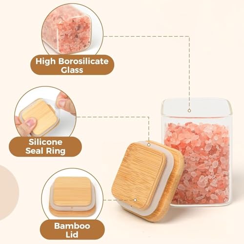 Image of Glass Food Storage Containers with Airtight Bamboo Lid, Coffee Storage Jars for Home Kitchen, Pantry Tea, Spices, Snack (SQUARE 230 ML JAR, SET OF 12)