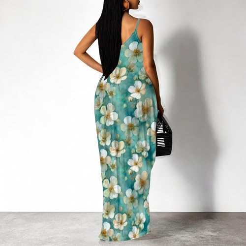 Image of Women's Summer Maxi Dress Spaghetti Strap Floral Boho Beach Long Sundress with Pockets