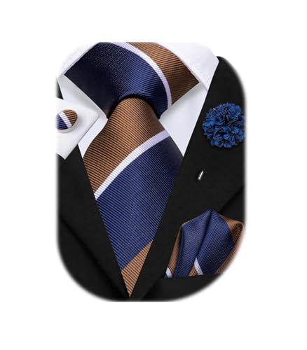 Image of Hi-Tie Mens Paisley Floral Striped Ties Set Silk Necktie and Lapel Pin for Men Pocket Square Cufflinks Set Business Wedding