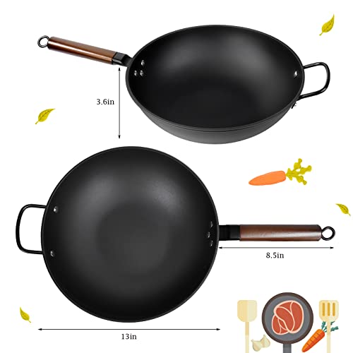 Ftureera Carbon Steel Wok Pan, Wok Pan With Lid - 13 Inch Non Stick Frying Pans Set With 7 Cookwares, No Chemical Coated Flat Bottom Nonstick Wok For Electric, Induction And Gas Stoves, Halogen #TOP4