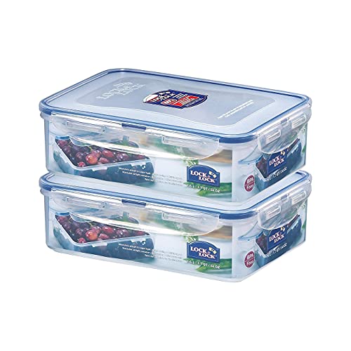 Lock & Lock Classics Rectangular Plastic Airtight Food Storage Containers with Leak Proof Lid, 1.6 Liter, Set of 2, Transparent (HPL824 x 2)