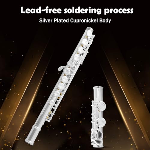Eastrock JDFLUTE-SPSC Silver Plated C Flute Closed Hole 16 Keys Flute Instrument With Curved Head Joint Mouthpiece Replacement,Cleaning Kit,Stand,Carrying Case,Gloves,Tuning Rod thumb #5