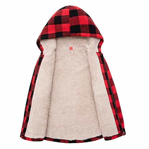 Thcreasa Kids Flannel Shirt Jacket With Hood, Plaid Sherpa Lined Zip Up Girls Hoodie Sweatshirt Jackets Red/Black M(7-8) #TOP1