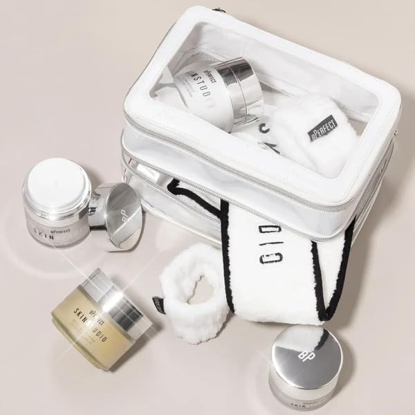BPerfect Skin Studio Double-Layered Travel Bag, Sleek White PU Leather Cosmetic Case with Transparent Windows - Image 3
