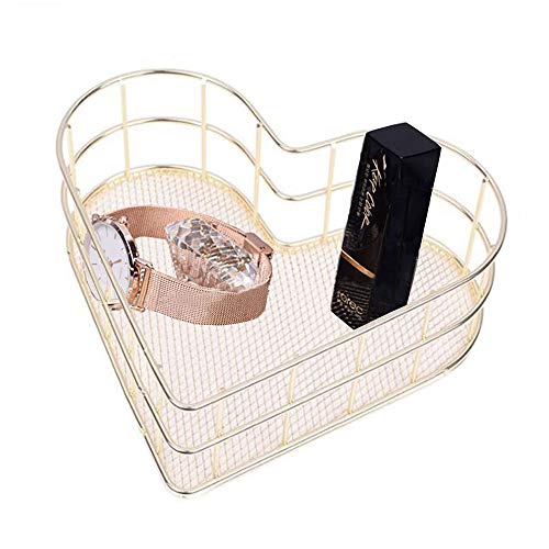 スチール製バスケット 収納バスケット ハート型 メッシュ 収納かご 大容量 軽量 コンパクト 小物収納かご 化粧品 文房具 腕時計 リモコン収納 小物入れ 北欧風 インテリア アクセサリー収納 (ゴールド)