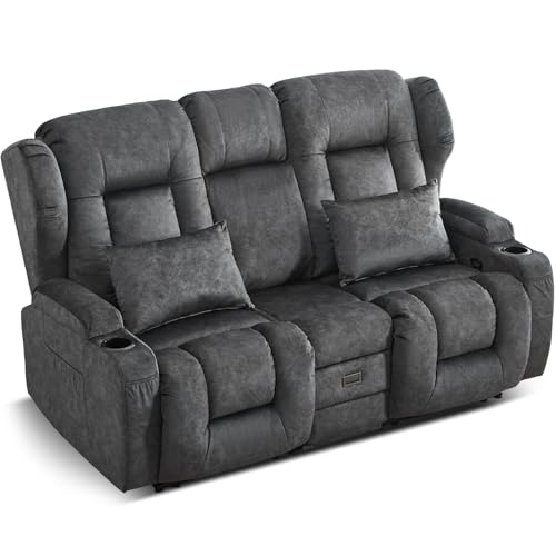 SAMERY Zweisitzer Relaxsessel mit Liegefunktion, 2er-Fernsehsessel Kinosessel 2 Sitzer TV Sessel Heimkino Sitze mit klappbare Mittelkonsole, 4 Getränkehalter, Mehrfachsteckdose,...