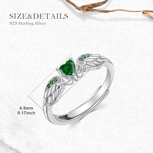 925 Sterling Silver Angel Wing Heart Ring for Women High Polish Angel Memorial Ring with Emerald Green Gemstone Birthstone Promise Ring Colored Zirconia Mothers Day Jewelry Christmas Gifts4