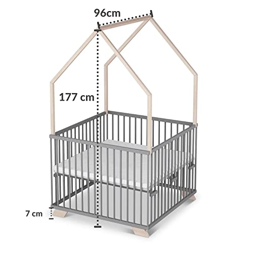 Sämann Laufgitter EXCLUSIVE 100x100 cm mit Matratze - Hausbett & Babybett - stufenlos höhenverstellbar Laufstall Baby Buche grau