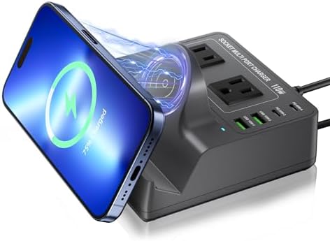 USB Charging Station for Multiple Devices Apple, TOPOINT 7 in 1 Power Strip with Wireless Charger for iPhone, 65W Fast Charging USB C Charger Block Phone for Samsung Android MacBook iPad Tablet