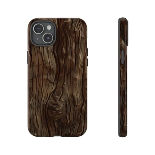 Coque iPhone 15 Plus motif texture bois marron foncé et finition brillante rigide