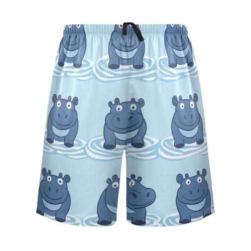 Men's Short Pajama Bottoms Hippo Cartoon Animal Blue Home Casual Sleep Pants