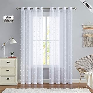 Beauoop Semi Sheer Window Curtains 72-inch Long for Girls Room Bedroom Pretty Pom Pom Dot Floral Voile Kids Curtain Drapes Home Decorative Ring Top Window Treatment Set, 2 Panels, 54 x 72 Inch, White