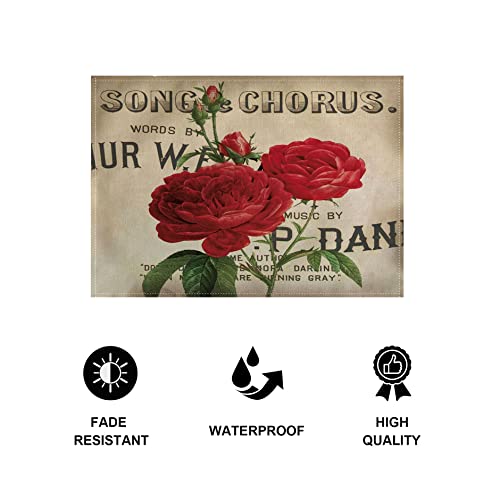 Rose Placemats Set Of 4, Blooming Red Rose With Flowers &Green Leaves Pattern Decorative Table Mats,Waterproof Heat Resistant Washable Non-Slip Place Mats For Dinner Room Kitchen Decor Table 12”×16” #TOP3