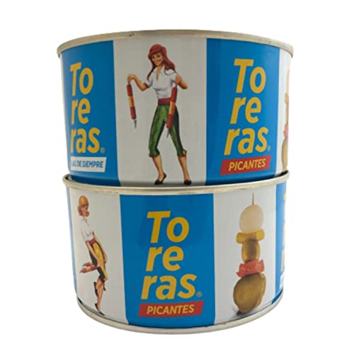 TORERAS - 2er Pack - Grüne Oliven, Paprika, Gurke, Zwiebeln in Essig - Essiggurken Oliven, Aufgespießtes Gemüse in Essig, Konserven Aufbackbrötchen, Spanien Aperitif - Pikanter Geschmack