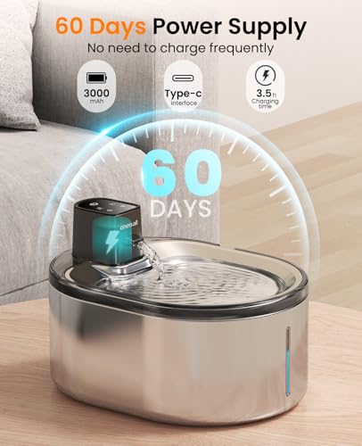 oneisall 4L Trinkbrunnen für Katze Kabellos Edelstahl, Katzenbrunnen Kabellos mit Bewegungsmelder, 60 Tage Betriebszeit pro Ladung, super Leise Pumpe, Filter, Wasserbrunnen für Katzen, Kleiner Hund