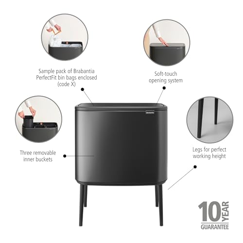 Image of Brabantia Bo Touch Top Kitchen Trash Can with Three Compartments & Raised Legs | Confident Gray | 3 x 3 Gal Inner Buckets | Soft-Close Garbage Can, Stay-Open Lid | Fits Against Wall | + Trash Bags