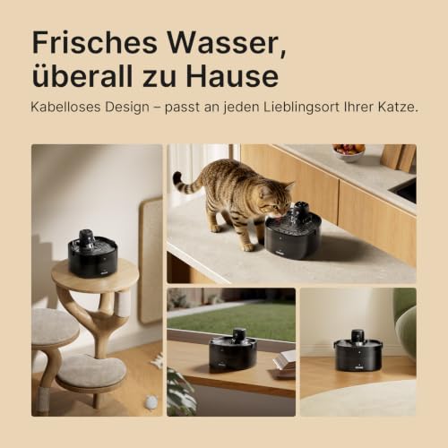 PETUNO 2,3L Katzenbrunnen Kabellos Batteriebetrieben, Schwarz – Ansicht 3