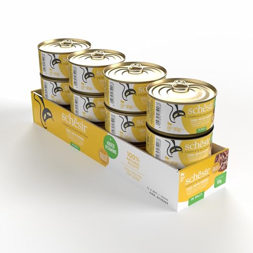Schesir Thunfisch mit Surimi in Gelatine, Nassfutter für Katzen, in Dosen, 100% natürlich, mit zusätzlichen Vitaminen, 12 x 85 g