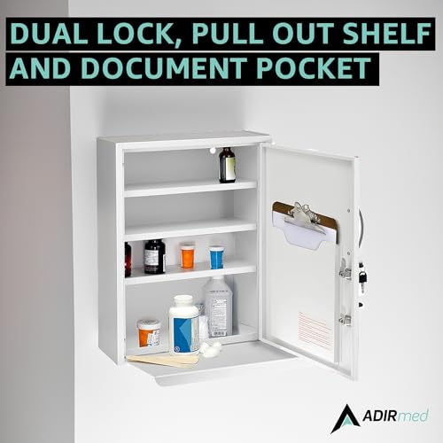 AdirMed White Locking Medication Cabinet with Document Pocket, Metal Wall Mounted Medication Cabinet with Dual Lock and Dual Keys, 21" H x 16" W x 6" D - Thumbnail 4