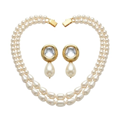 Image of Mansiyaorange Double Layered Glass Pearl Mala Neckalce with Kundan Earrings Jewelry Set