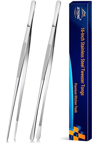 JETKONG 2 Pcs 16'' Tweezer Tongs, Extra Large Food Tweezers, Extra Long Kitchen Tweezers for Cooking Repairing and BBQ (16-Inch, Silver)