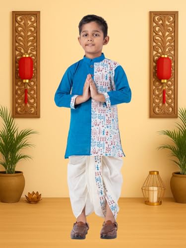 Image of Kids Ethnic Wear - Stylish Half Printed & Vibrant Color Pure Cotton Kurta with Elastic Waist Dhoti Set for Boys