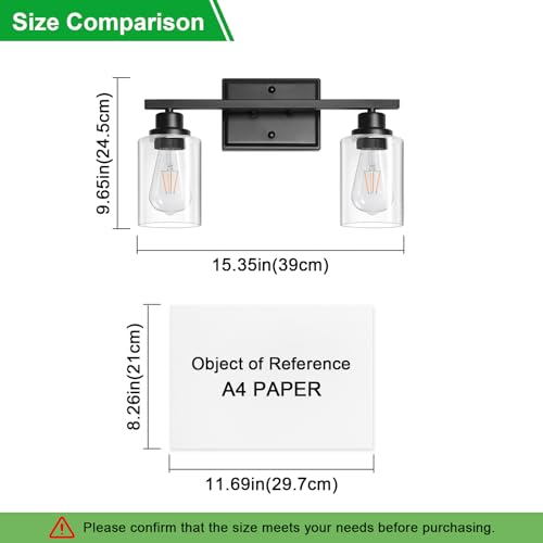 Image of Unicozin 2 Light Bathroom Light Fixtures, Modern Vanity Lights Over Mirror, Black Wall Lamp with Clear Glass for Living Room Cabinet Bedroom Porch