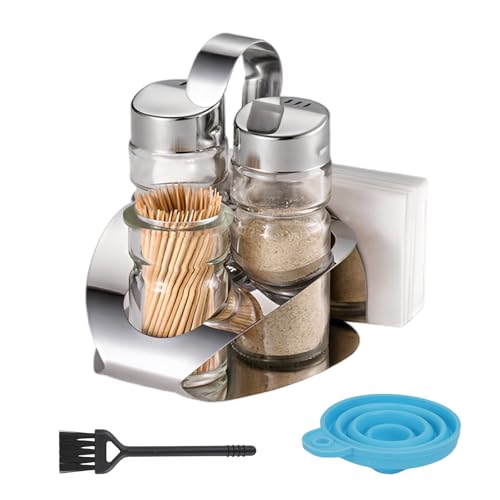 WRENYZK Four-in-One Salt and Pepper Shakers Set with Toothpick and Napkin Holder，Condiment Holder with a Cleaning Brush, 1 Funnel , Cruet set of Modern and Functional for Restaurants, Household