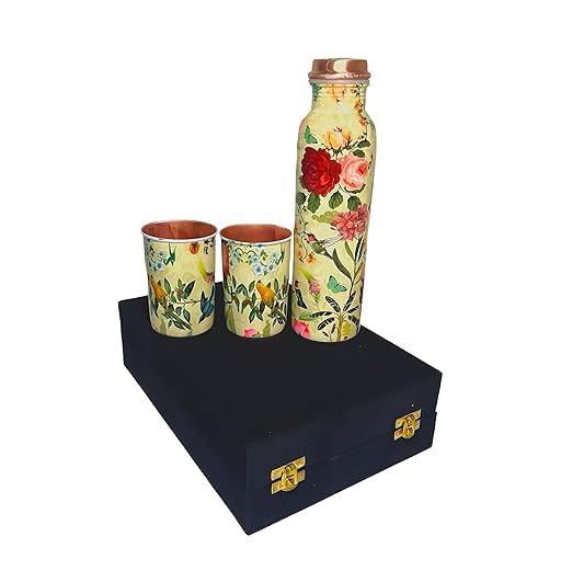 Image of Copper Water Bottle 1 Ltr | Copper Water Bottle with Glass Set | Meena Work | 100% Pure | Leak-Proof | 2 Water Glass 300ml each | Best for Gifting ((Meena Rose Design))