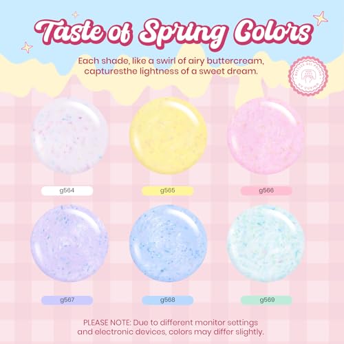 Image of Beetles Summer Gel Polish Set, Pastel Whip 6 Colors Taste of Spring Macaron Shimmer Glitter Gel Polish Kit Spring Pink Yellow green Soft Creamy Soak Off UV LED DIY Gel Nail Art Gifts for Women