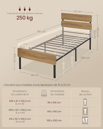 Lit 90x190 LED avec USB-C/USB-A Marron VASAGLE