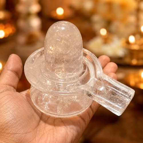 Image of Original Natural Sphatik Carat (Ct) Shivling Yoni Base (Jalhari) | Spatika Lingam Jaladhari | Clear Quartz Crystal Shiva Lingam Abhishekam, Pooja Meditation | Vastu Spiritual Idol (450 Grams)