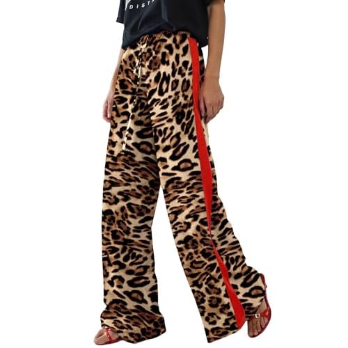 Rapbin Women's Leopard Wide Leg Pants Casual Side Striped High Waisted Palazzo Trousers with Pockets Spring 2026 Yellow Leopard Print Medium