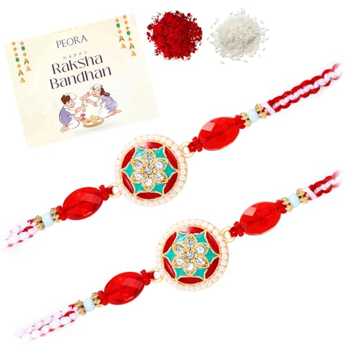 Image of Peora Rakhshabandhan Thread Rakhi for Brother Bhaiya | Kundan Beads & Crystal Studded | Combo Set of 2 | Rakhi Hamper Roli Chawal & Greeting Card