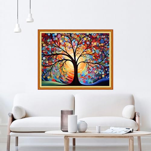 Image of DMCVIVR Stamped Cross Stitch Kits for Beginners Adults Needlepoint Kits for Beginners Embroidery Kits for Adults Crossstitch Kit for Beginners 11CT-Colorful Tree 16x20 inchs
