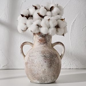 SIDUCAL Rustic Ceramic Farmhouse Flower Vase with 2 Handles Whitewashed Terra Cotta Vase Decorative Pottery Flower Vase for Home Decor Table Living Room Shelf Decor 73 Inch Terra
