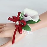 Desuness Künstliche Calla-Lilien-Rose, kaskadierend, Brautstrauß, 25,4 cm, Burgunderrot-weiße Rose und lila Calla-Lilie, echte Haptik, Eukalyptus-Hochzeitsblumen mit Satinband-Griff (Handgelenkkorsag)