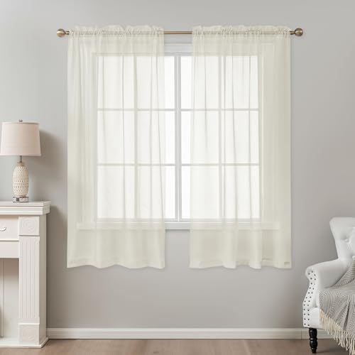 Image of Ivory Sheer Curtains 63 Inch Length, Privacy Semi Sheer Curtains for Living Room Bedroom, Light Filtering Rod Pocket Voile Window Drapes 2 Panels Set, Each 42 inch W x 63 inch L