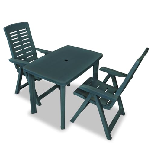 Green 3 Piece Bistro Set for Patio, Weather-Resistant Outdoor Dining Furniture with Umbrella Hole, Folding Reclining Chairs, Durable Plastic Construction