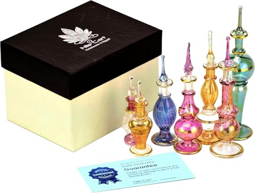 NileCart Egyptian Perfume Bottles 2-5 in Collection Set of 6 Hand Blown Decorative Glass with Handmade Golden Egyptian Decoration for Perfumes & Essential Oils