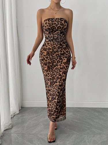 Image of LIGHT DOT Women's Summer Dress Printed Strapless Tube Bodycon Maxi Side Slit Mesh Layered
